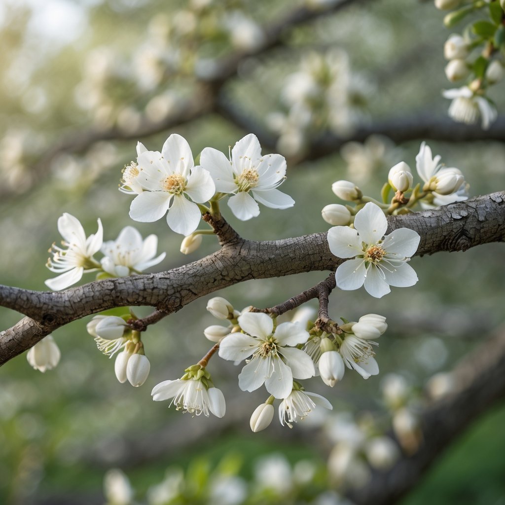 Close-up of oak tree branch with white blossoms against a blurred green background.