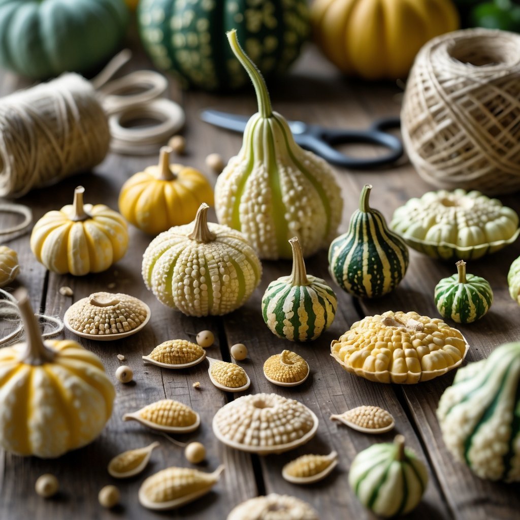 Close-up of various unusual gourd seeds on a wooden surface with crafting tools nearby.