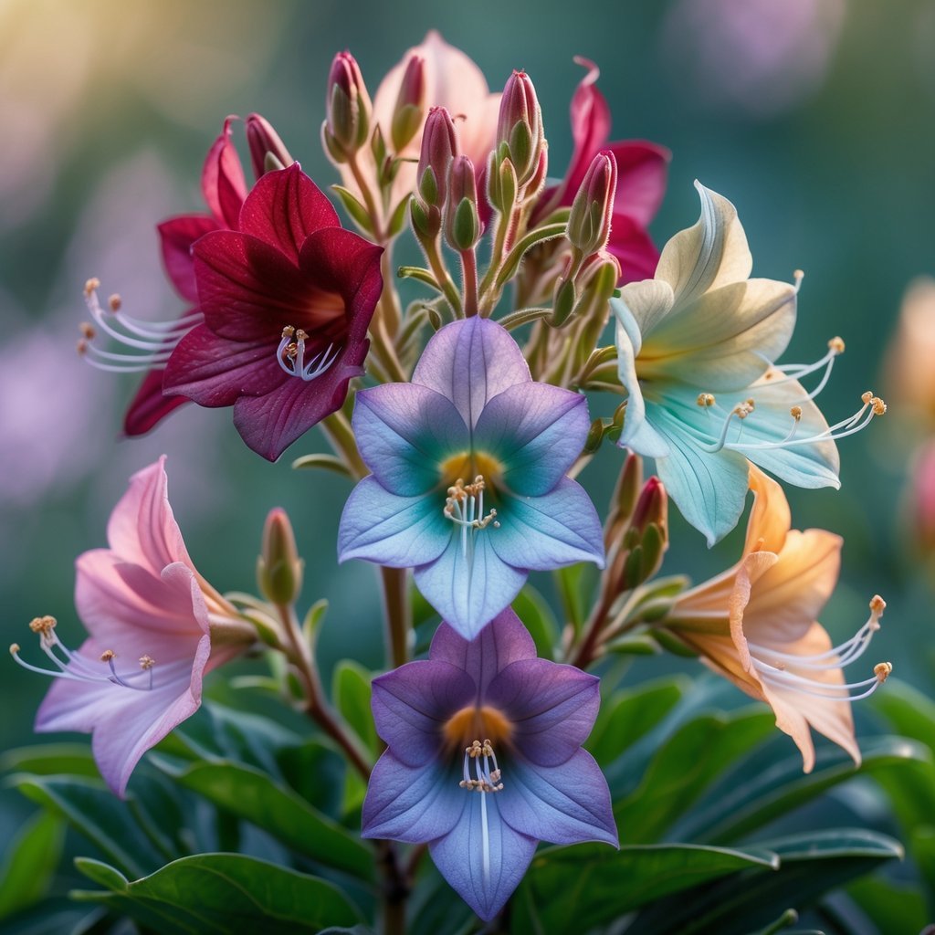A close-up of vibrant Middlemist Red 9 flowers with various rare colors surrounded by green leaves.