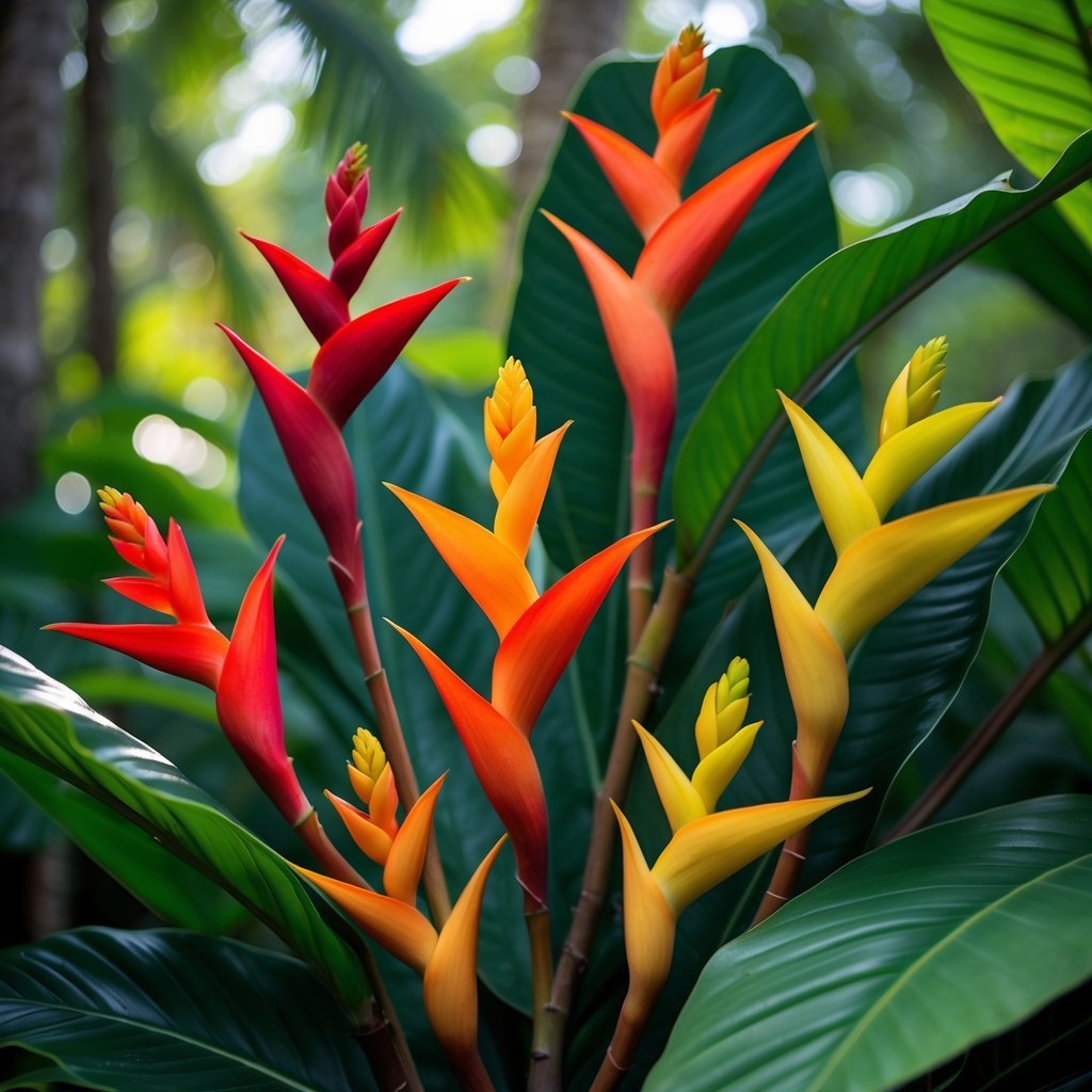 Six vibrant Heliconia flowers with red, orange, and yellow petals growing among green tropical leaves.