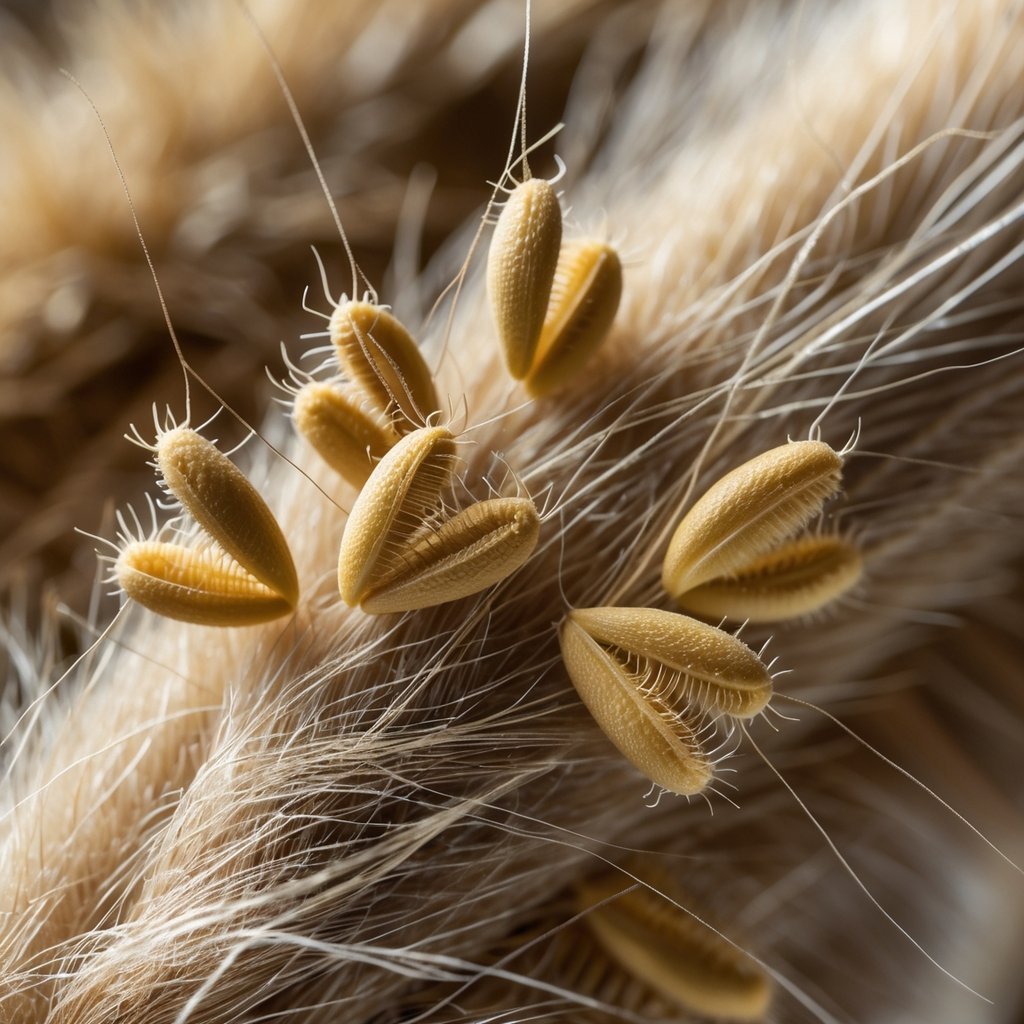 Close-up of Velcro plant seeds with tiny hooks attached to animal fur and fabric fibers.