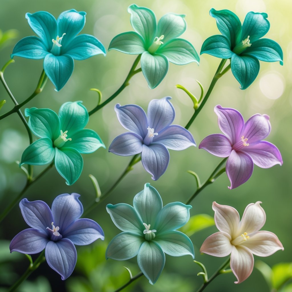 Nine colorful jade vine flowers with unique shades arranged against a green background.