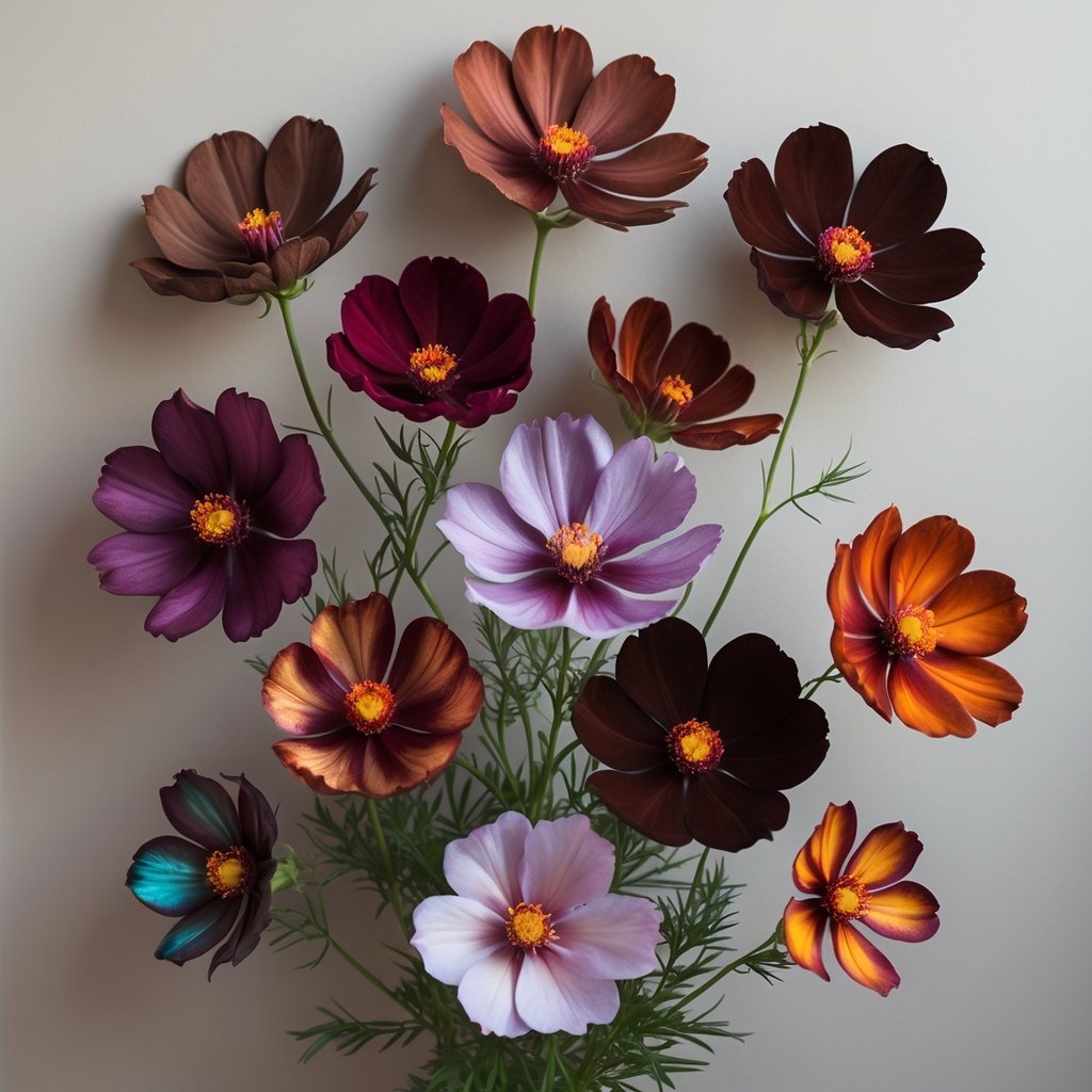 Nine Chocolate Cosmos flowers displaying a variety of rare and vibrant colors arranged together on a neutral background.