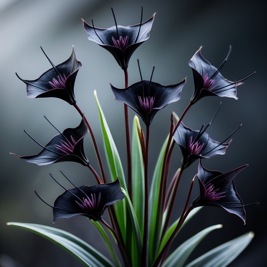 Nine black bat flowers with dark petals and long whisker-like filaments arranged together against a blurred natural background.
