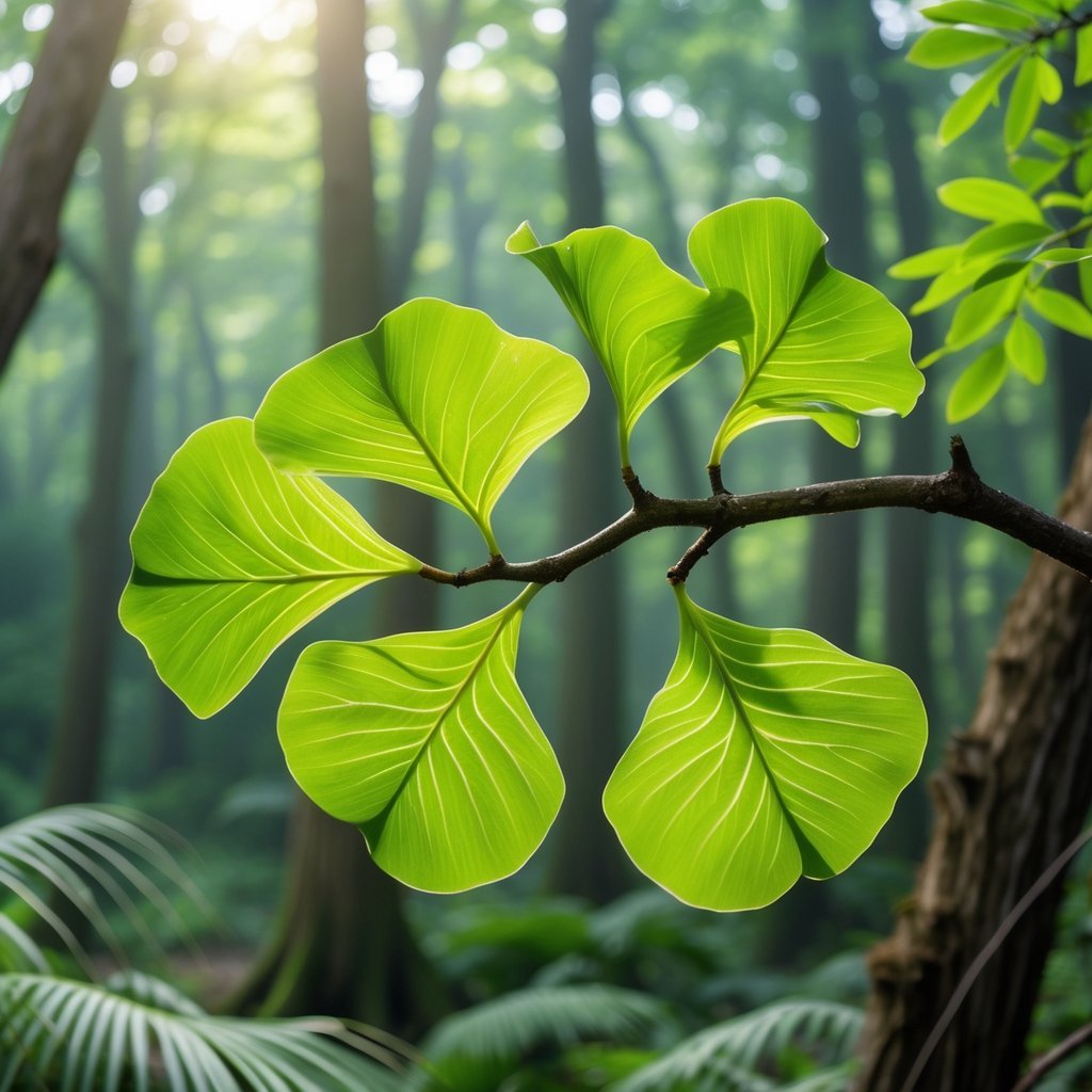 Close-up of bright green fan-shaped Ginkgo Biloba leaves on a branch with a blurred forest background and other ancient plants nearby.