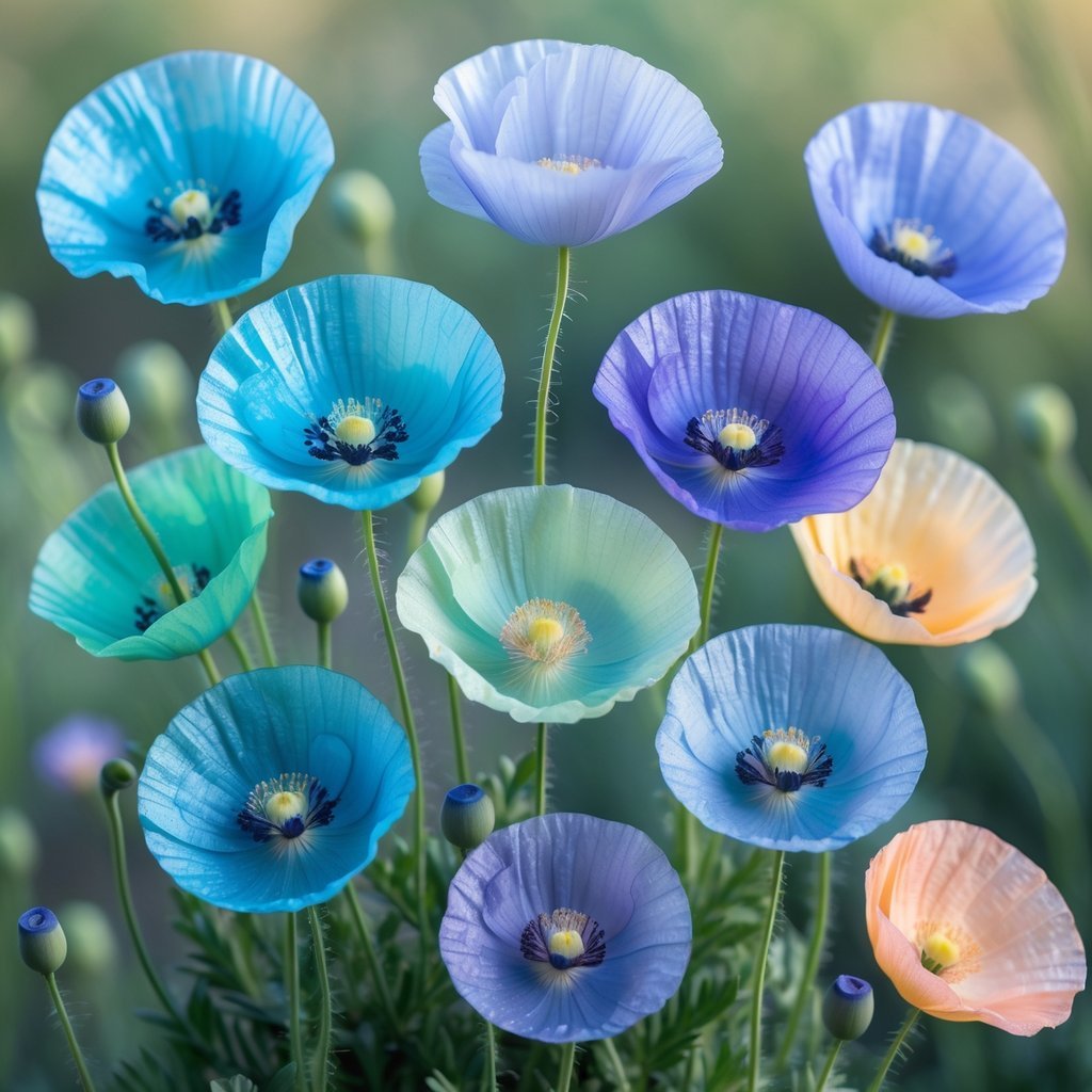 Nine blue poppy flowers in various rare colors arranged naturally against a green background.
