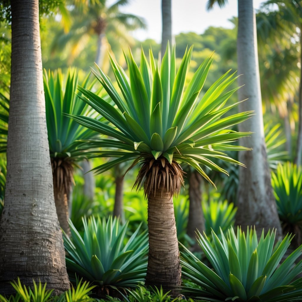 A group of green cycads with thick trunks and feather-like leaves growing in a sunlit natural forest environment.