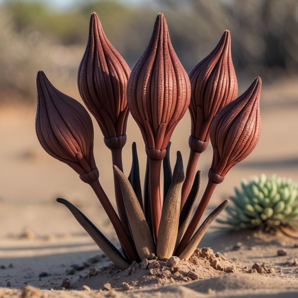Five Hydnora Africana flowers with thick, reddish-brown petals emerging from dry soil in an arid environment.