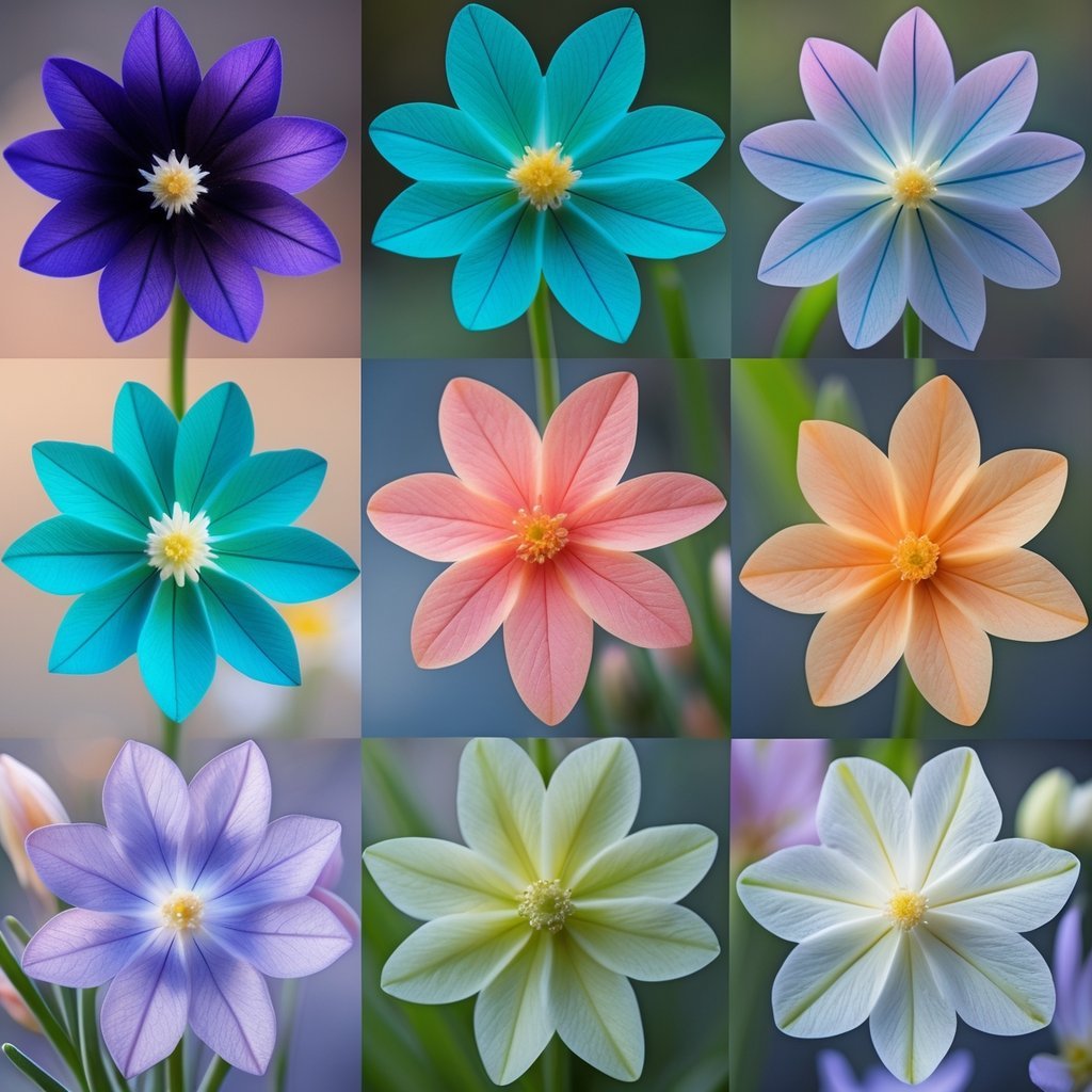 Nine colorful Glory of the Snow flowers with unique shades arranged together against a soft natural background.