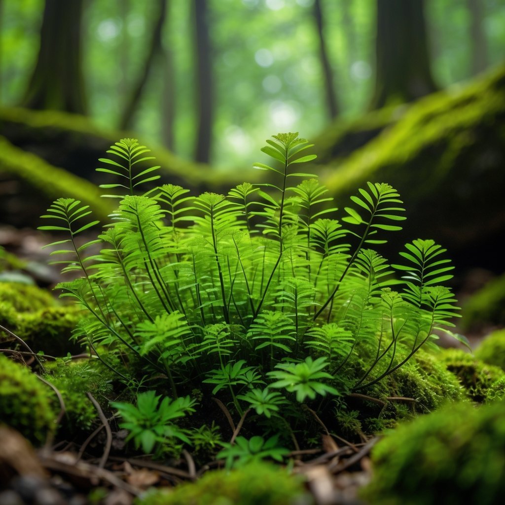 Close-up of vibrant green clubmoss plants growing on a forest floor with soft natural light filtering through the trees.