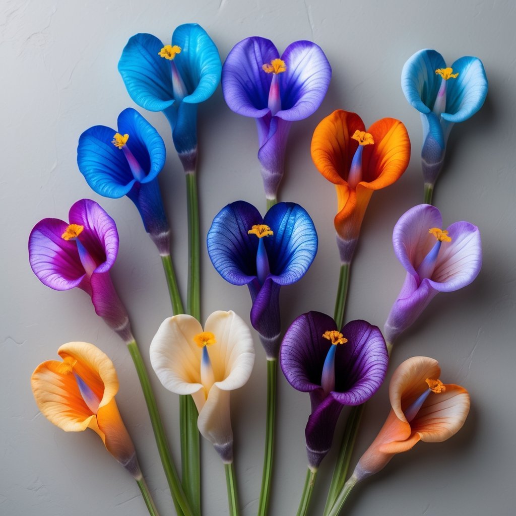 Nine colorful Parrot’s Beak flowers with unusual and vibrant colors arranged together against a soft background.