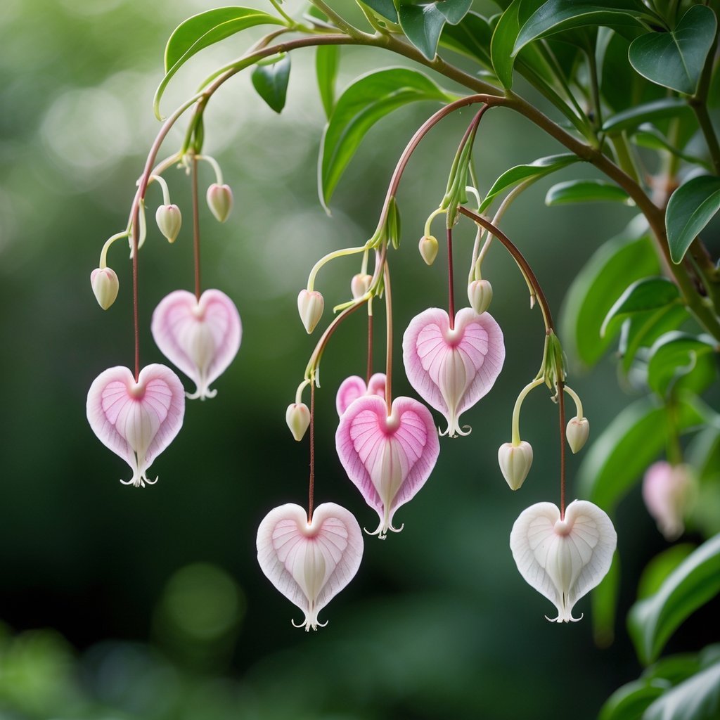 Close-up of delicate pink and white heart-shaped Bleeding Heart flowers hanging from green stems with blurred greenery in the background.