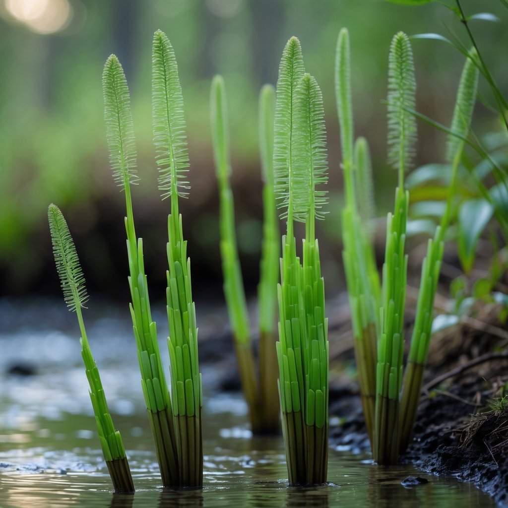 Close-up of green horsetail plants growing in moist soil near a forest floor with blurred natural background.