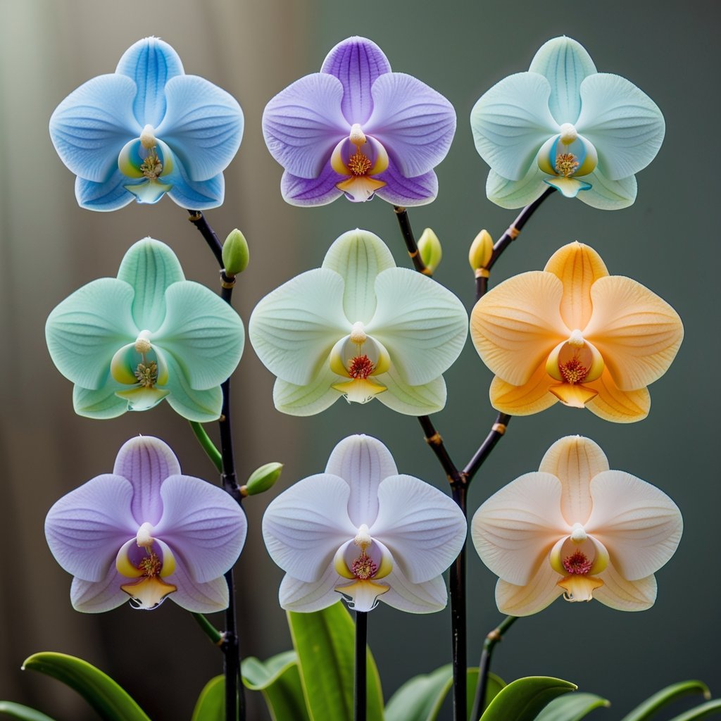 Nine ghost orchid flowers in various rare and vibrant colors arranged together against a blurred natural background.