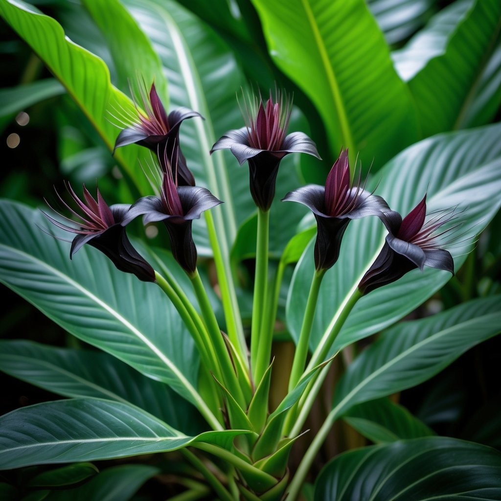 Close-up of five Bat Plant flowers with dark petals and long whisker-like filaments surrounded by green tropical leaves.