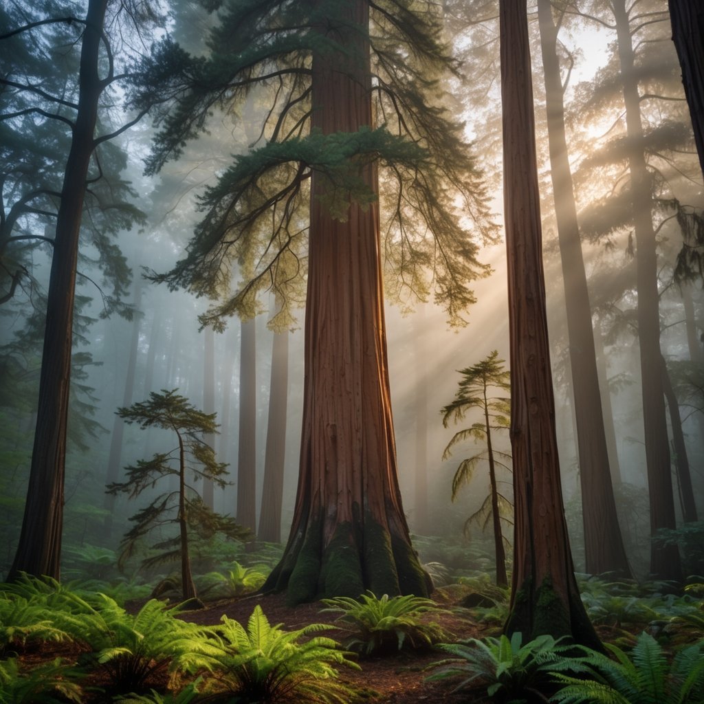 A tall Dawn Redwood tree with reddish bark and green needle-like leaves in a misty forest at dawn surrounded by ferns and other ancient plants.