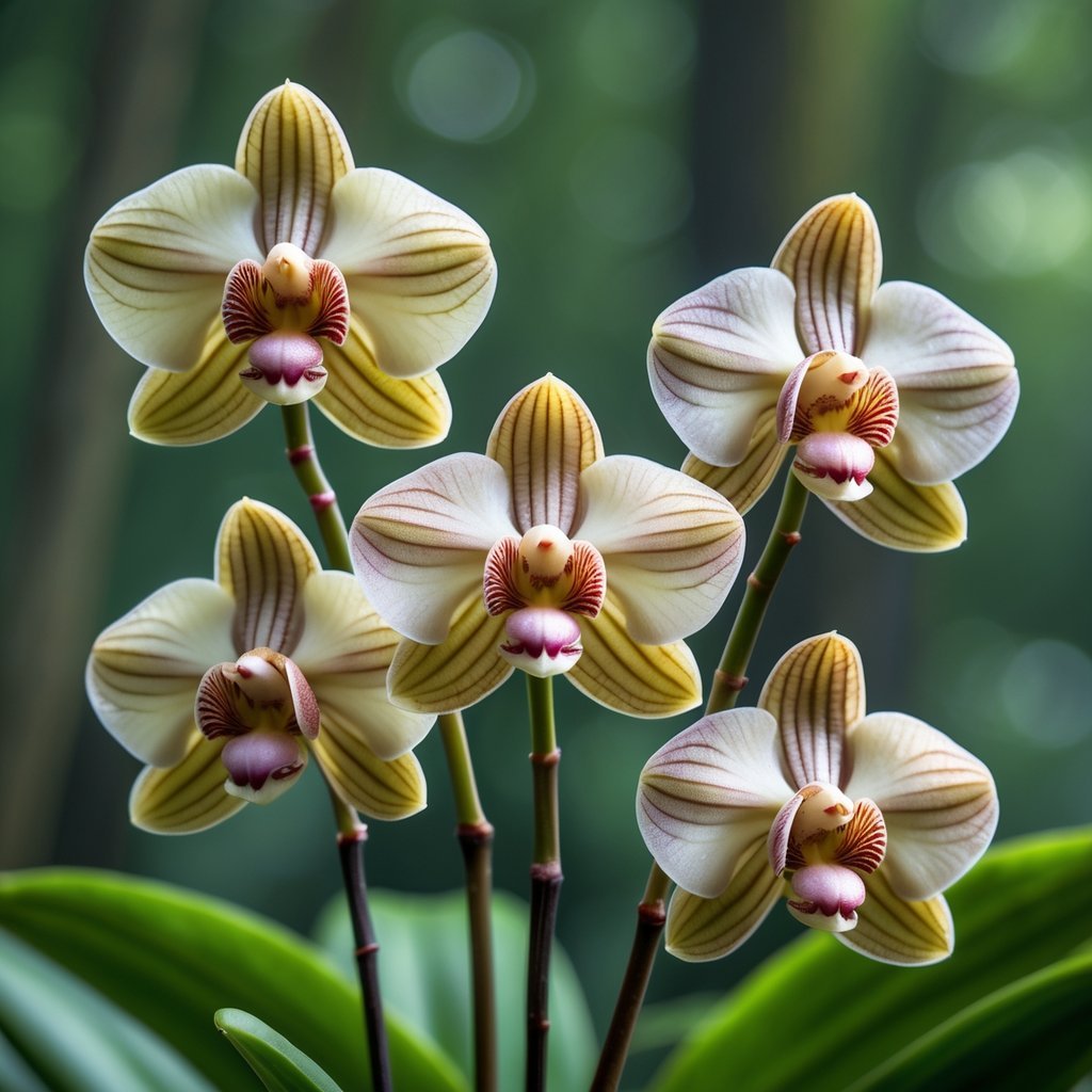 Close-up of five Monkey Orchid flowers that look like small monkey faces against a green natural background.