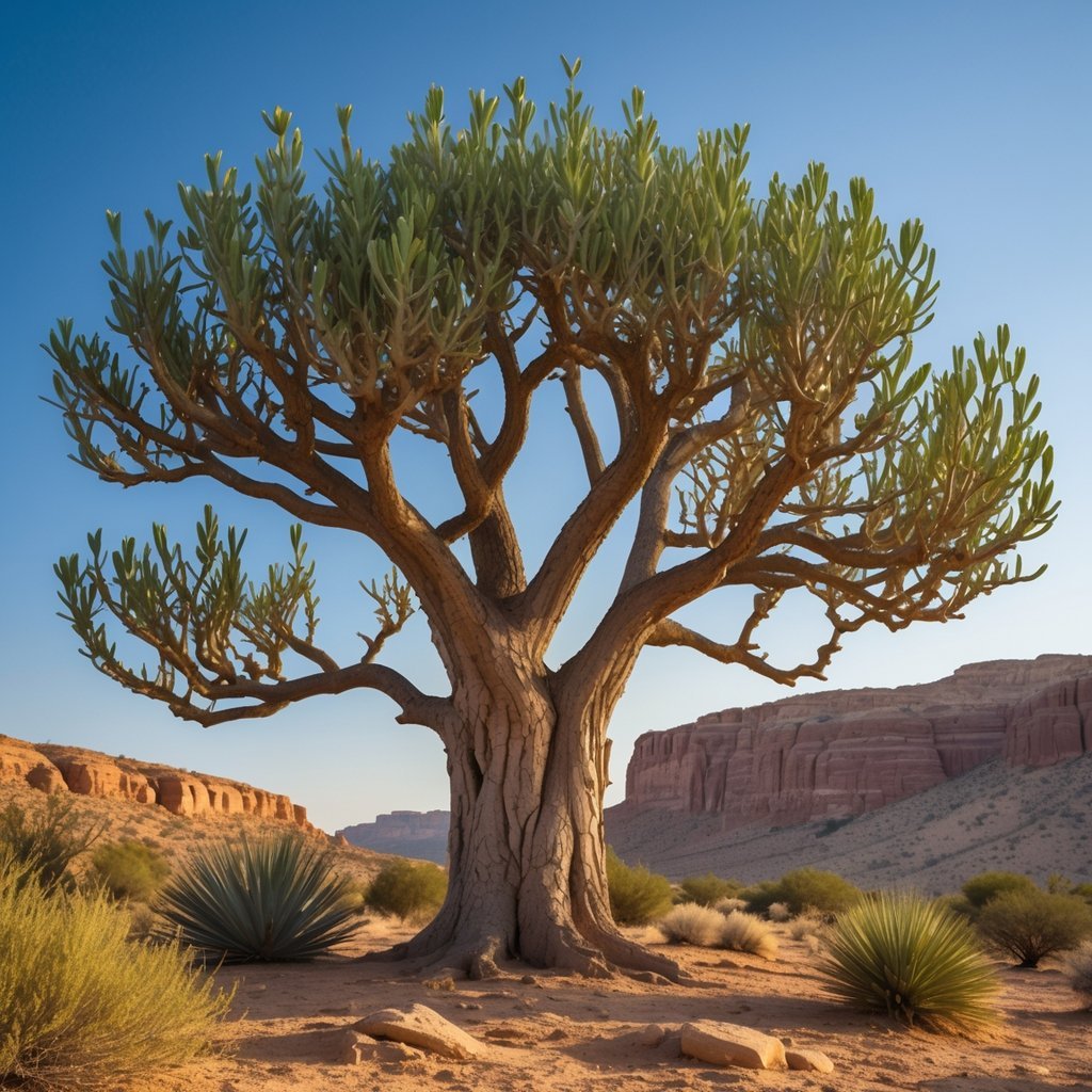 A frankincense tree with thick trunk and green leaves growing in a dry, rocky landscape under a clear blue sky.