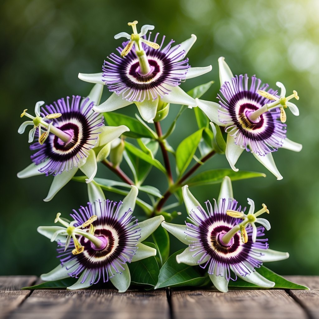 Five vibrant passion flowers with spiky petals and intricate patterns against a soft green background.
