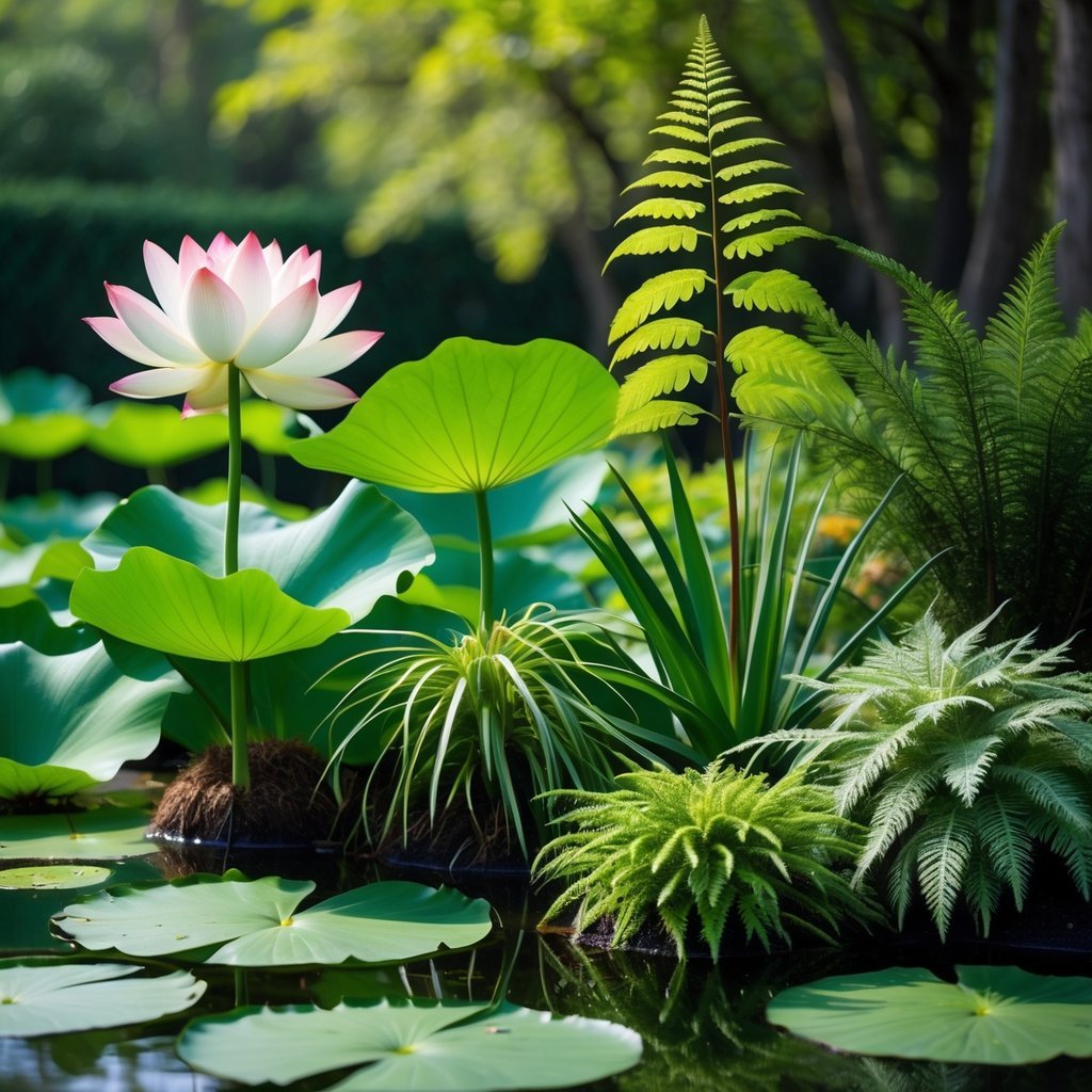 A variety of eight ancient plants including a lotus flower, ginkgo tree, horsetail, maidenhair fern, cycad, dawn redwood, clubmoss, and conifer growing together in a garden.