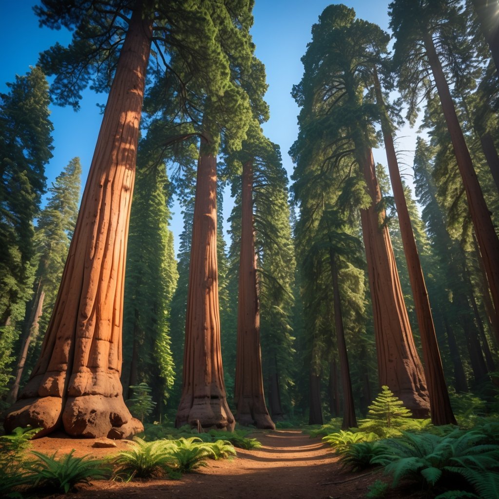 A dense forest of tall sequoia trees with thick reddish-brown trunks and green foliage under a clear blue sky.