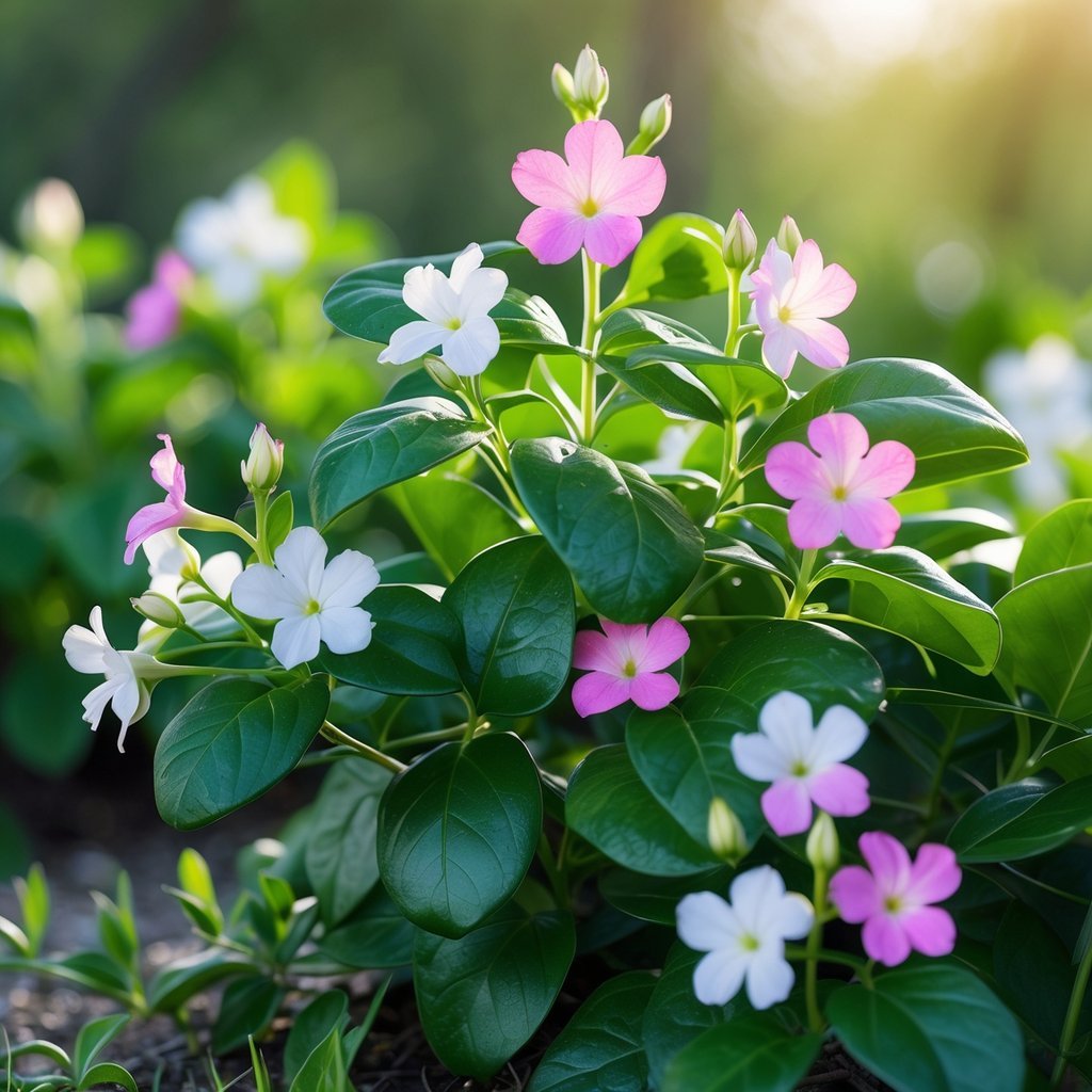 Close-up of Madagascar Periwinkle plants with green leaves and pink and white flowers.