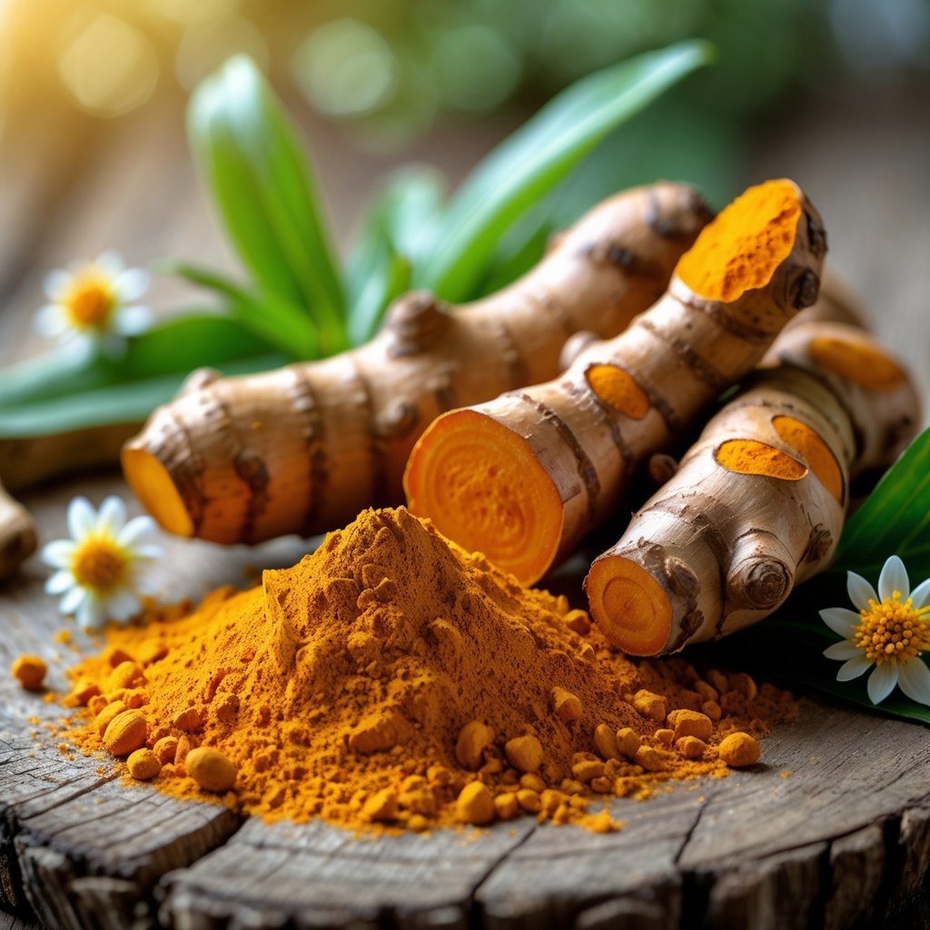 Fresh turmeric roots, turmeric powder, and green turmeric leaves arranged on a wooden surface.