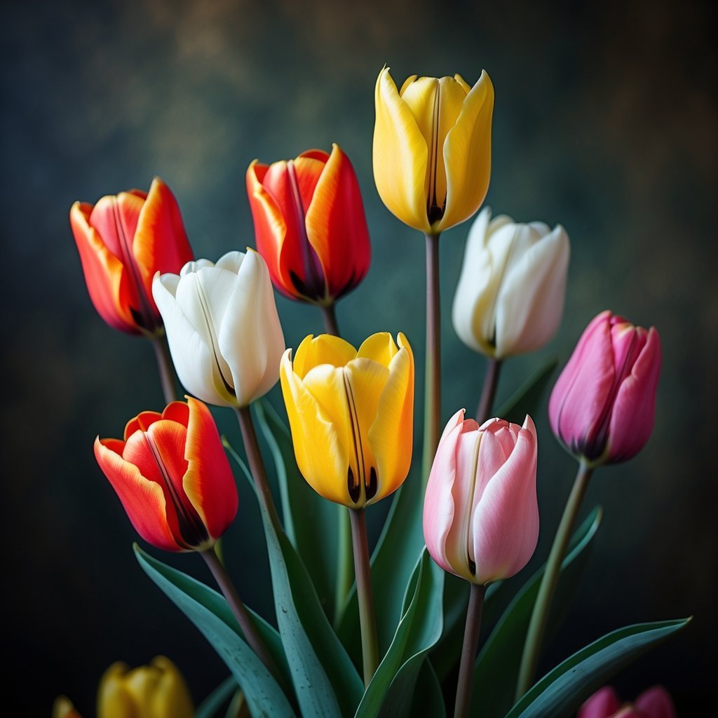Seven colorful tulip flowers arranged together with detailed petals and a dark blurred background.