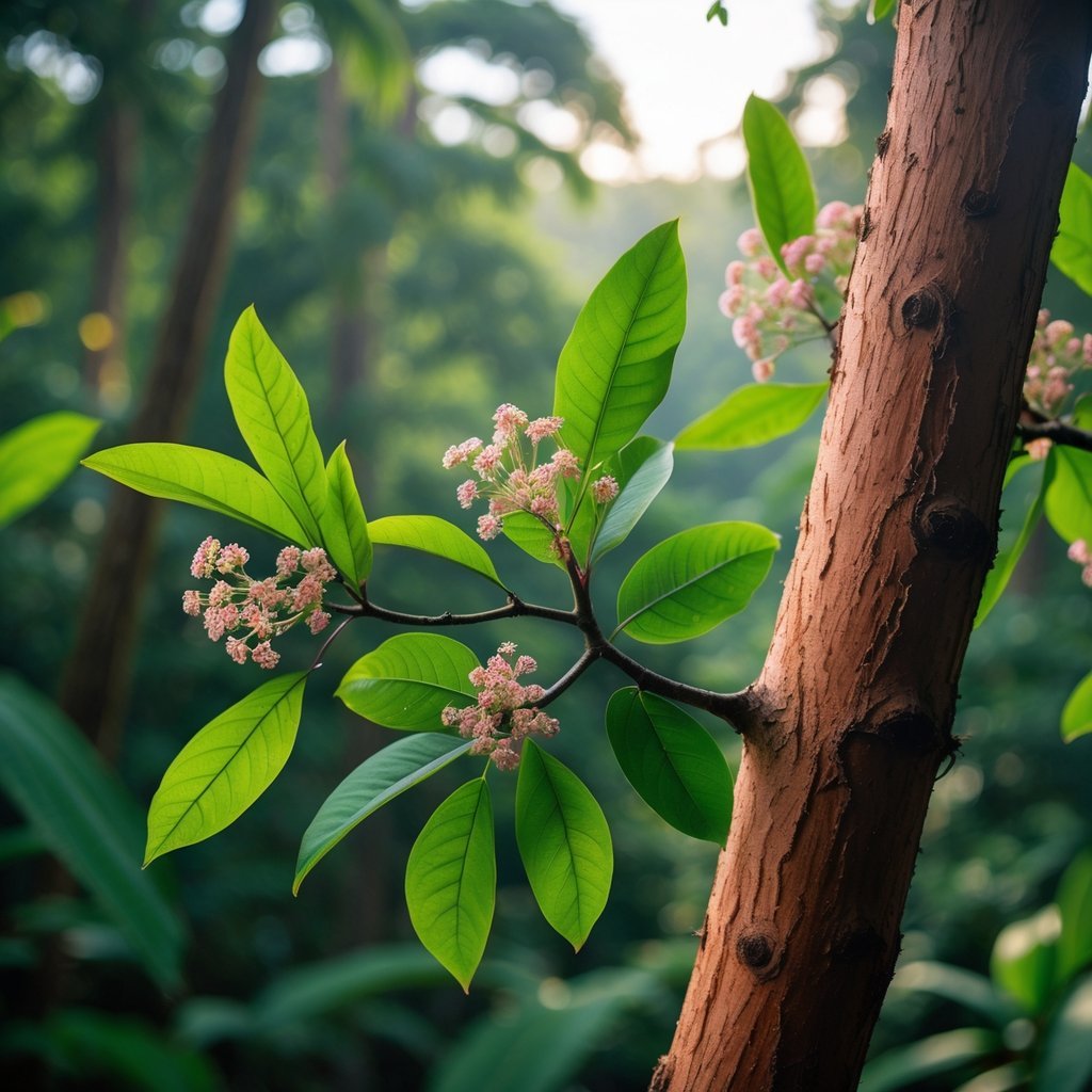 Close-up of Amazonian Cinchona tree branches with green leaves and pinkish-white flowers in a dense rainforest setting.