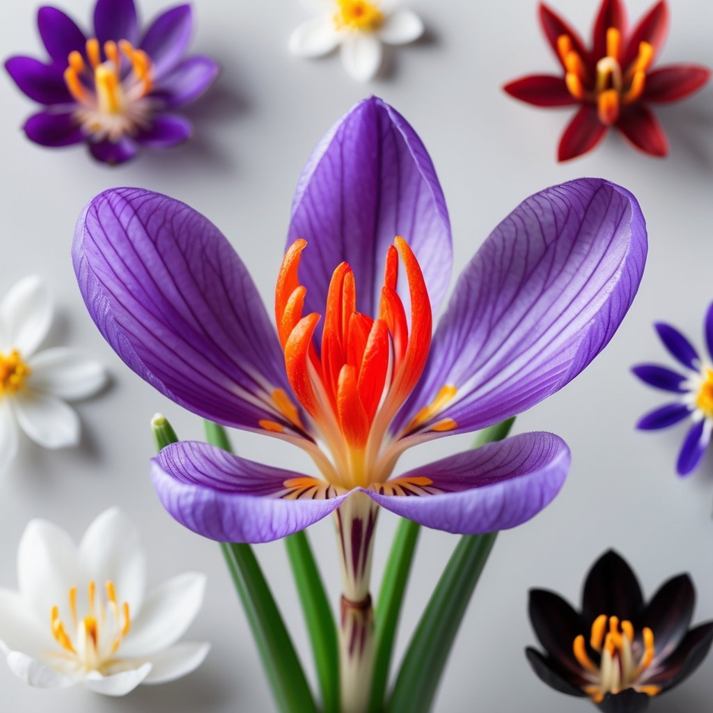 Close-up of vibrant saffron crocus flowers with bright red-orange stigmas and six other valuable flowers arranged around them on a neutral background.