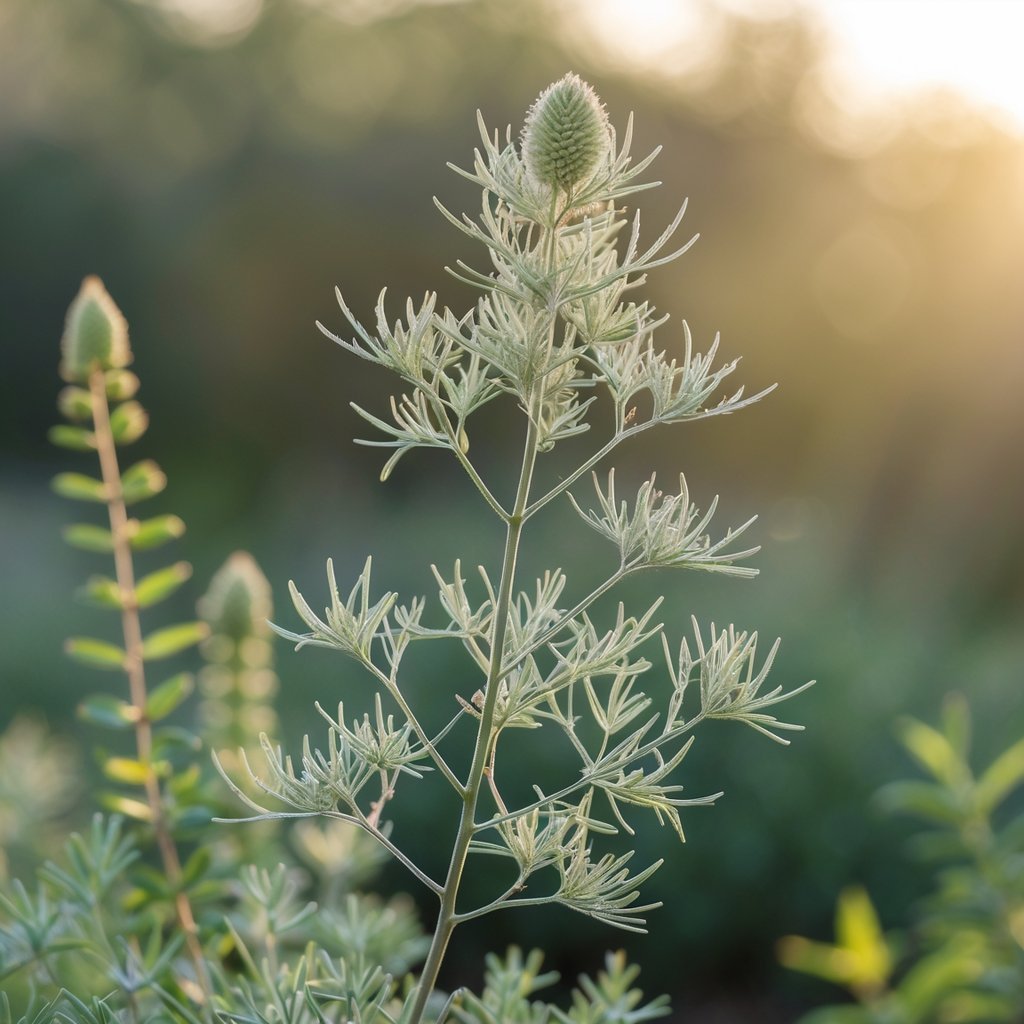 Close-up of Artemisia plant with silvery-green leaves in natural sunlight, surrounded by blurred medicinal plants.