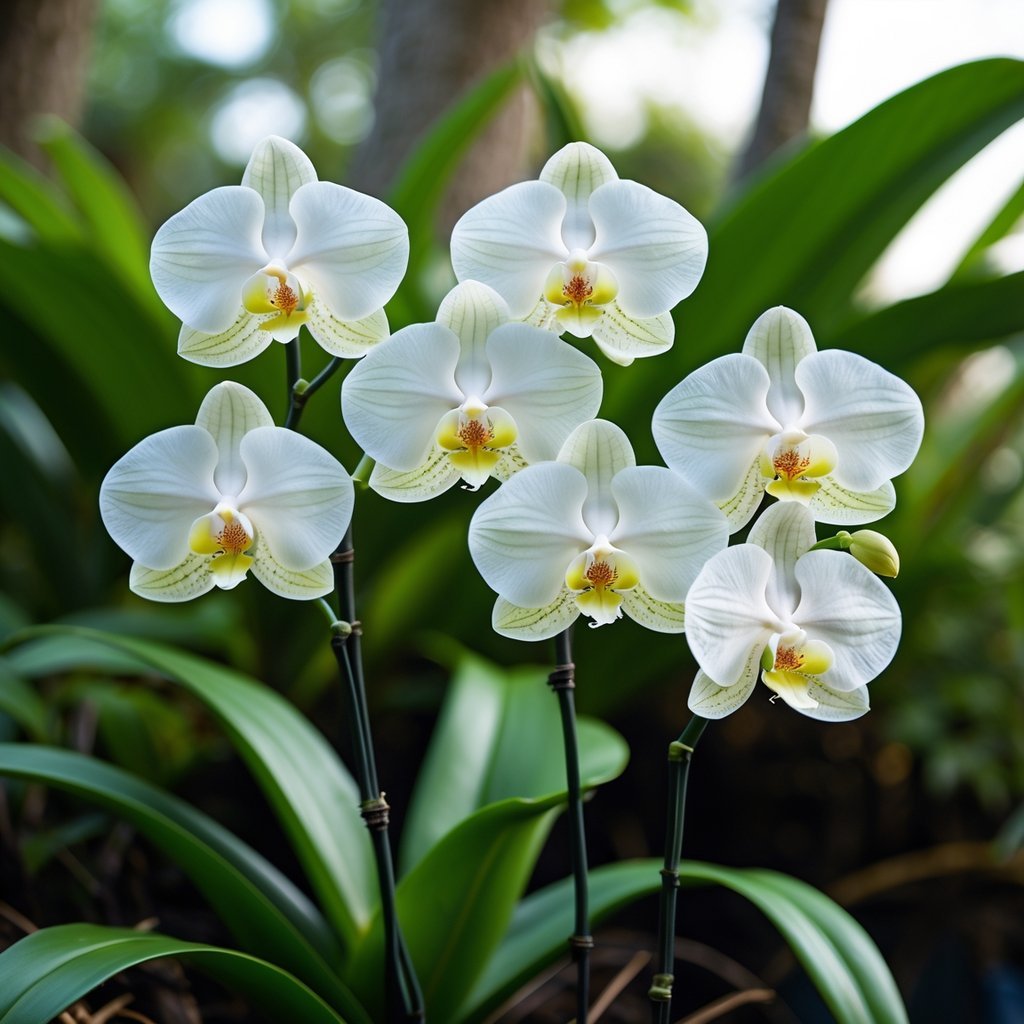 Seven rare white Ghost Orchid flowers growing among green tropical leaves.