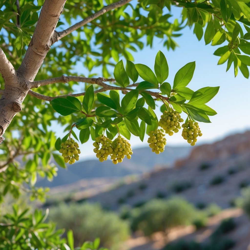 Close-up of a Morocco Mastic Tree branch with green leaves and small resinous fruits against a blurred Mediterranean landscape.