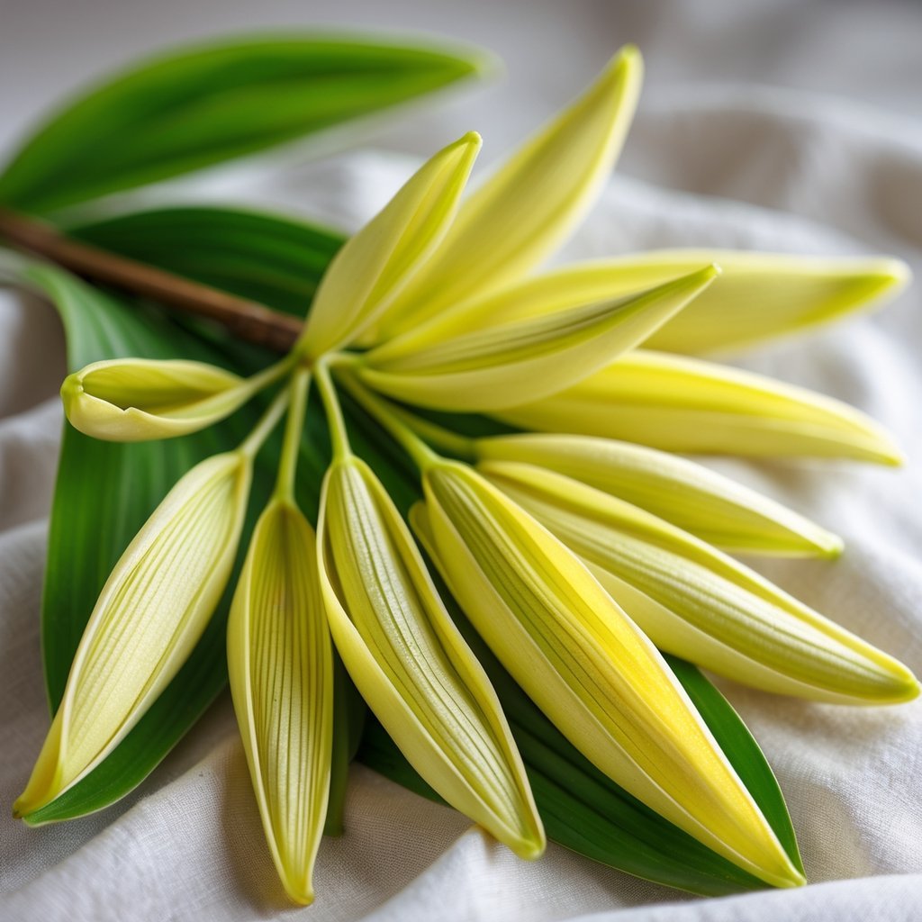 Close-up of fresh Ylang-Ylang flowers with yellow-green elongated petals arranged on a neutral background.