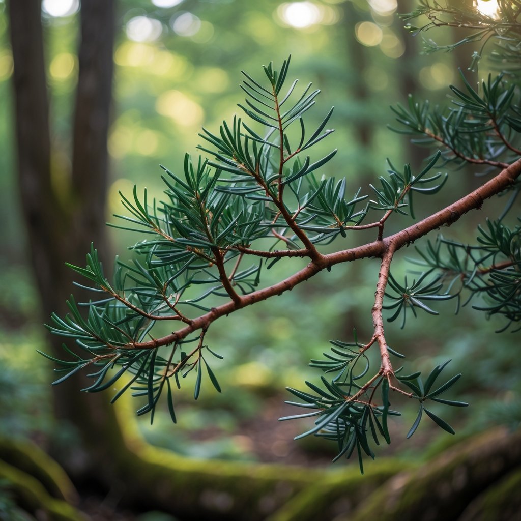 Close-up of a Pacific Yew tree branch with green needles and reddish-brown bark in a forest setting.