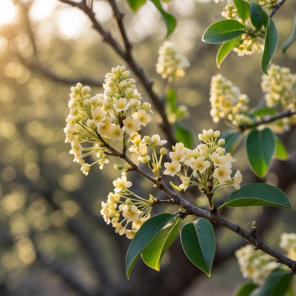 Close-up of pale yellow frankincense tree blossoms on branches with green leaves against a softly blurred natural background.