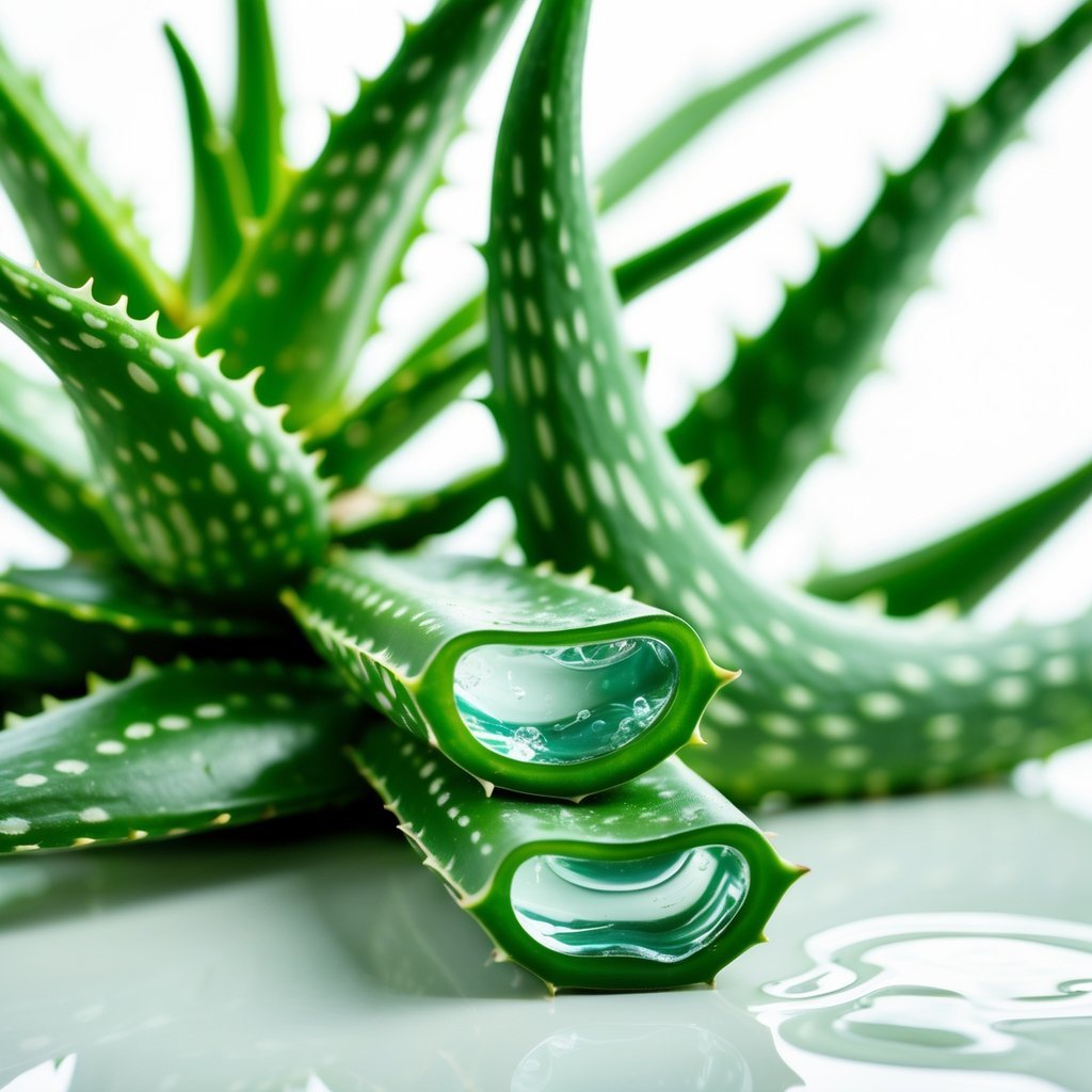 Close-up of fresh aloe vera leaves with some cut open showing clear gel inside on a white background.