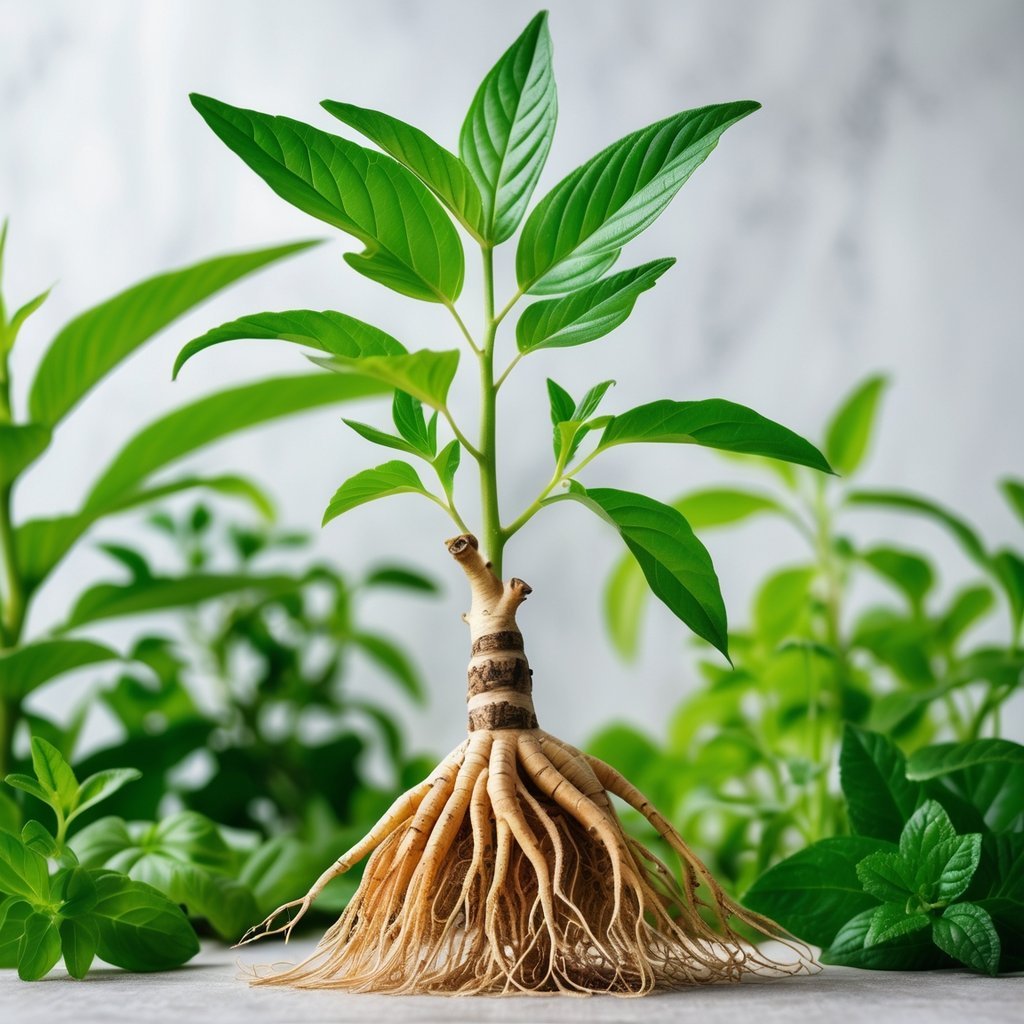 Close-up of a fresh ginseng plant with green leaves and forked roots surrounded by other green medicinal plants.