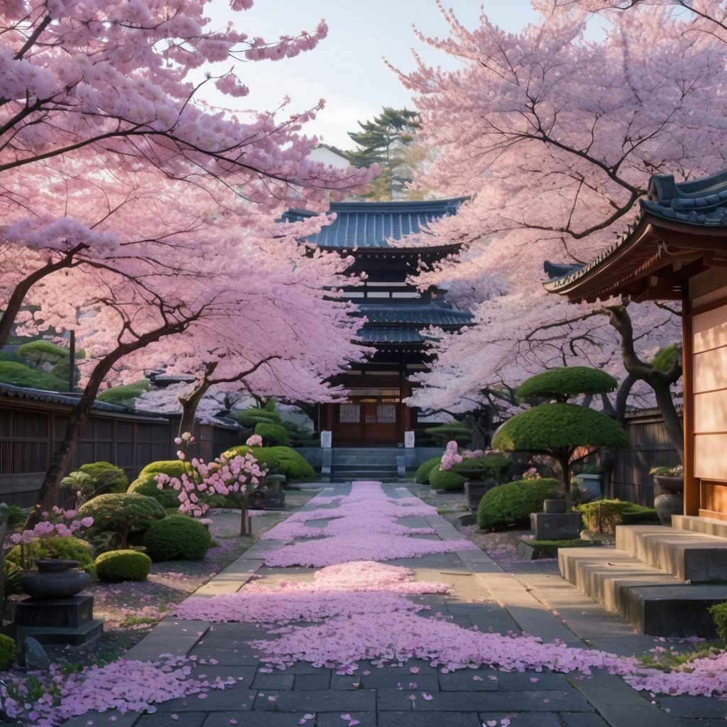 Cherry blossom trees in full bloom along a garden path with traditional Japanese buildings in the background and various rare flowers among the blossoms.