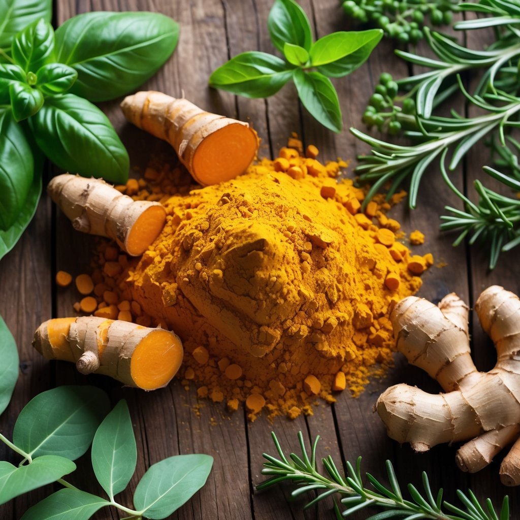 Fresh turmeric roots and powder displayed with basil, rosemary, ginger, and eucalyptus on a wooden surface.