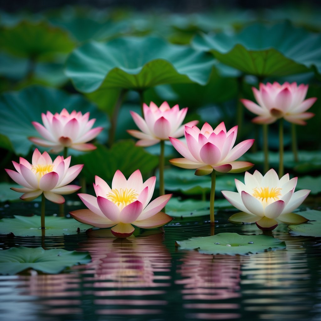 Seven lotus flowers floating on calm water surrounded by green leaves.