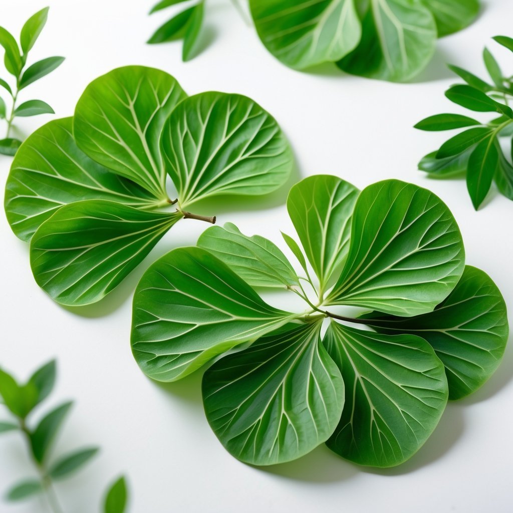 Close-up of fresh green Gingko Biloba leaves arranged on a white background.