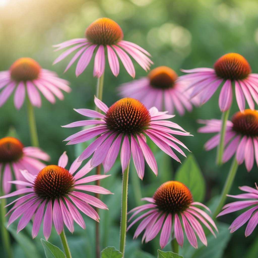 Close-up of blooming Echinacea flowers with pink-purple petals and orange centers in a green natural setting.