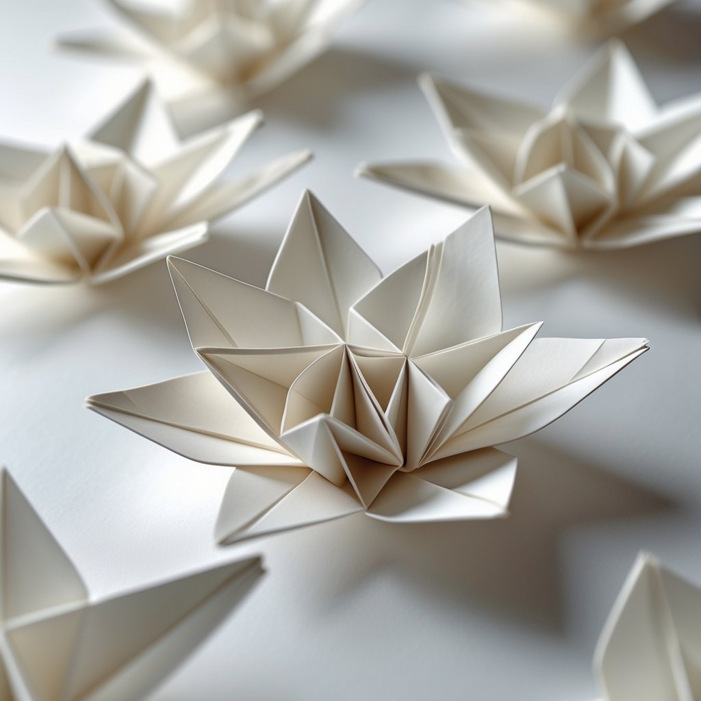 Close-up of delicate paper structures unfolding like flower petals, showing intricate origami patterns.