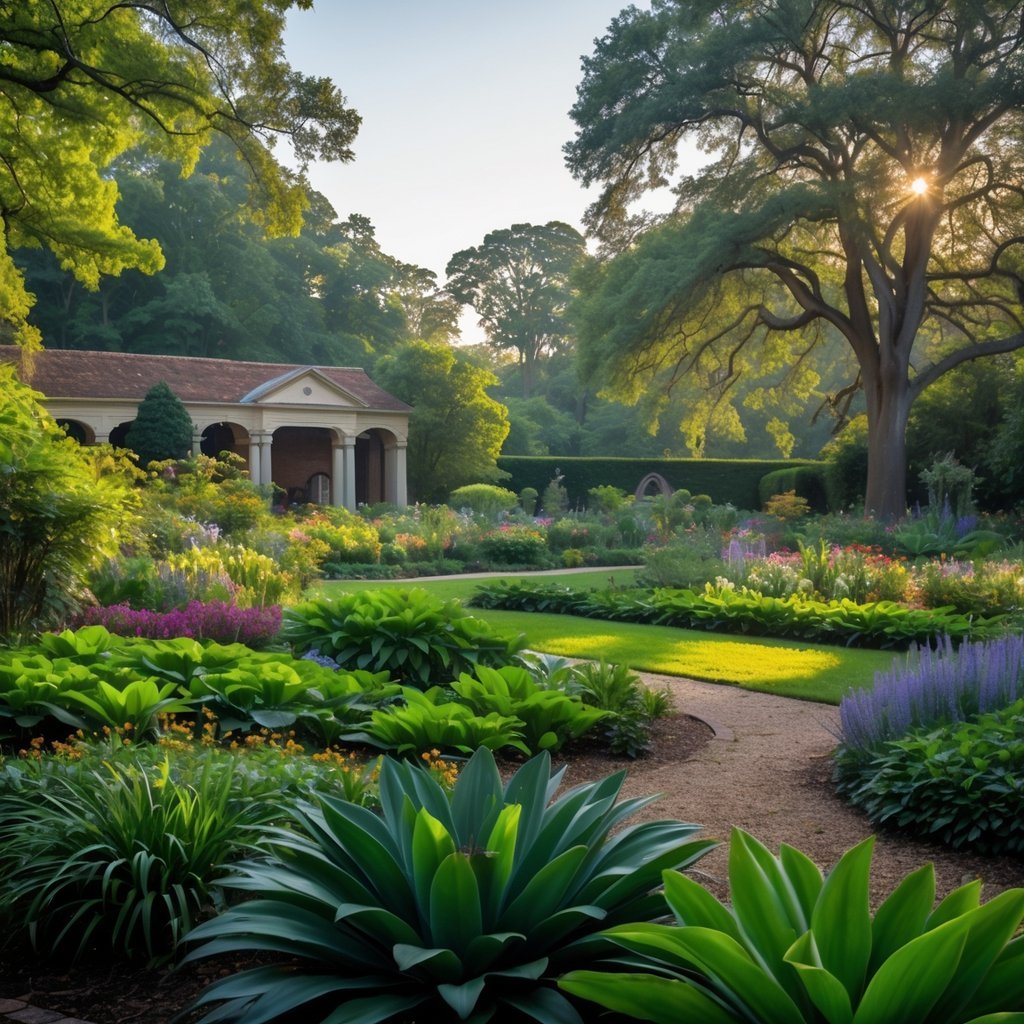 A historic botanical garden with lush greenery, colorful flowers, mature trees, and garden pathways under natural sunlight.