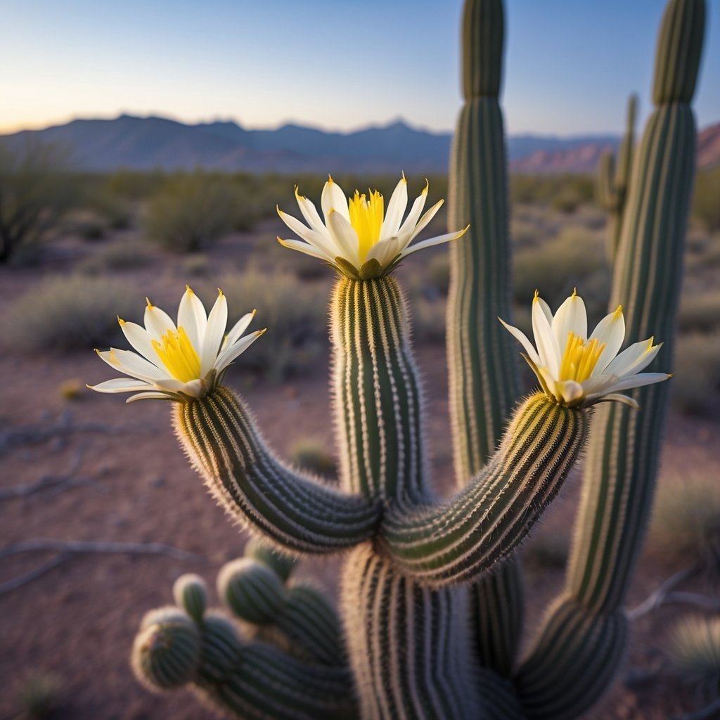 Close-up of a blooming saguaro cactus with white and yellow flowers in a desert landscape at sunrise.