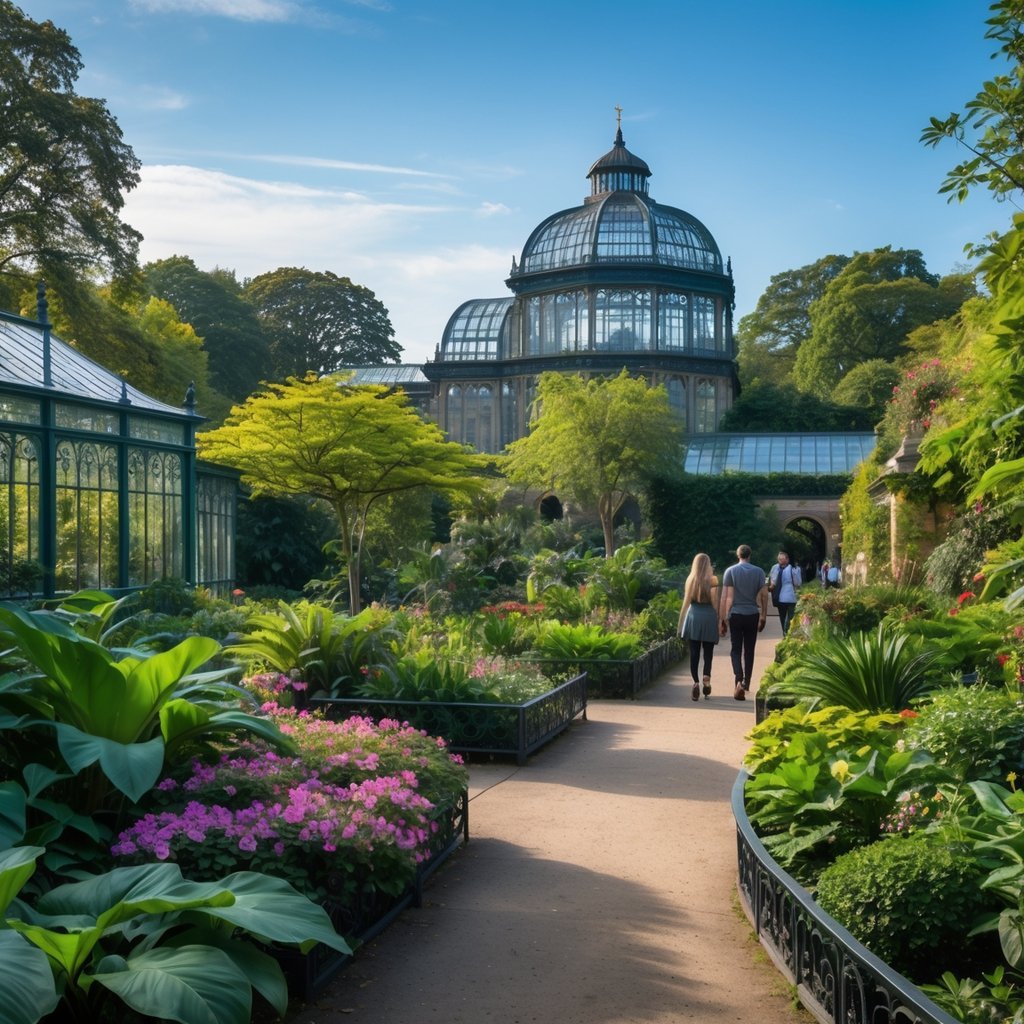 A view of Kew Gardens with green plants, colorful flowers, glasshouses, and visitors walking along garden paths.