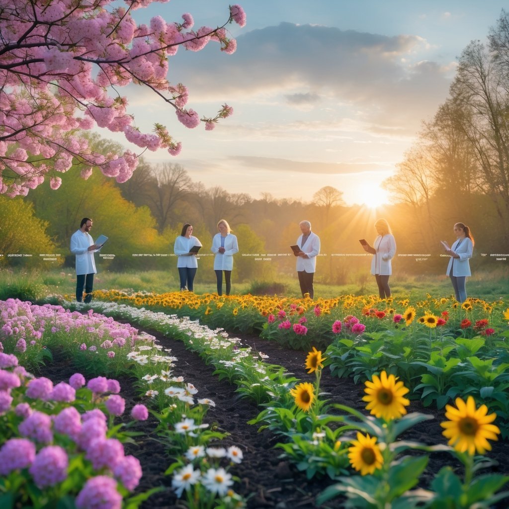 A natural landscape showing various flowers blooming in different stages with scientists observing and recording data outdoors.