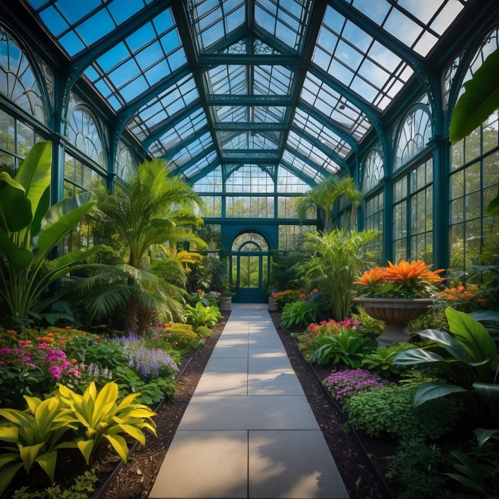 The historic glasshouse of Phipps Conservatory surrounded by vibrant botanical gardens with colorful flowers and lush greenery under a clear sky.