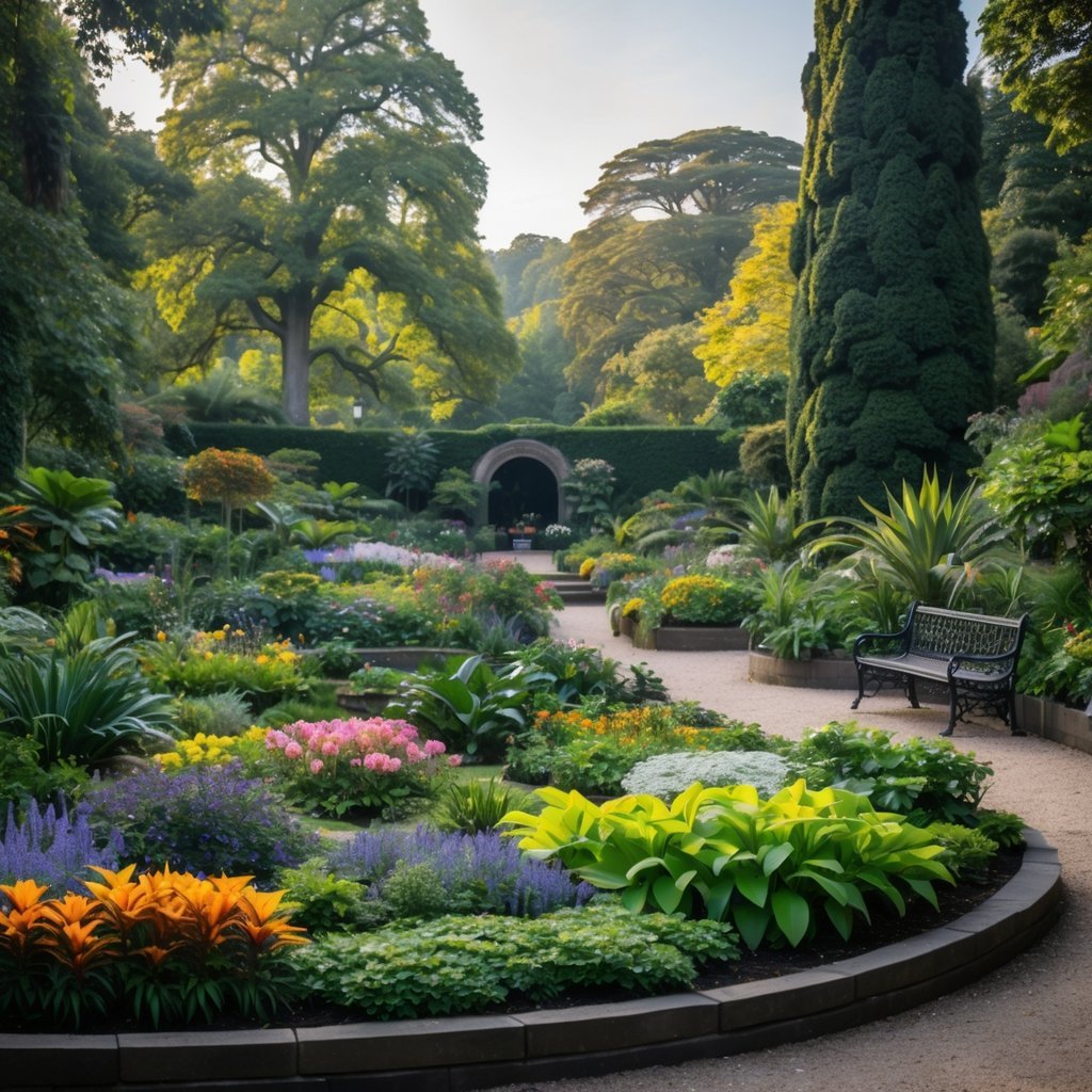 A lush garden with diverse plants, colorful flowers, trees, stone pathways, and benches at the Royal Botanic Garden Edinburgh.